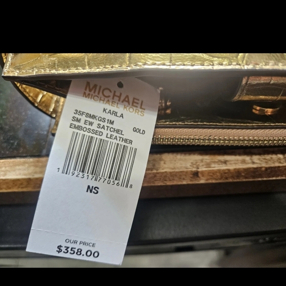 Karla Michael Kors Purse Gold Satchel Embossed Leather NWT - Picture 2 of 3